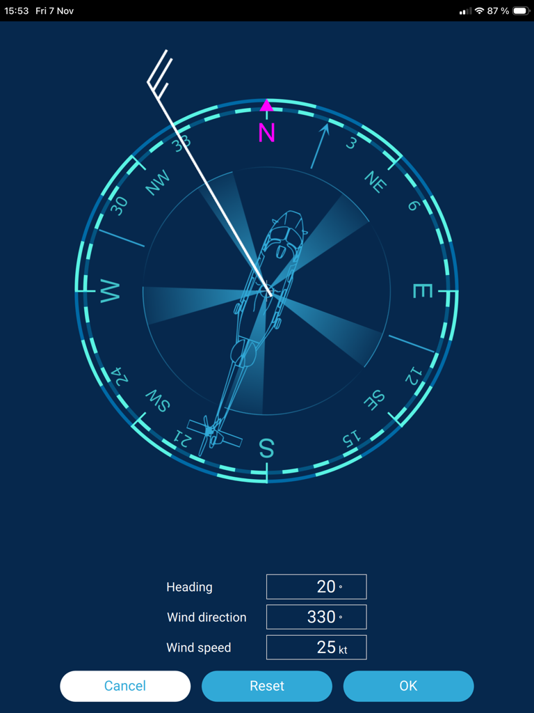 H175 Flight Perfo - Interfaz de brújula que muestra los ajustes de rumbo del helicóptero y dirección del viento en la aplicación H175 Flight Perfo.