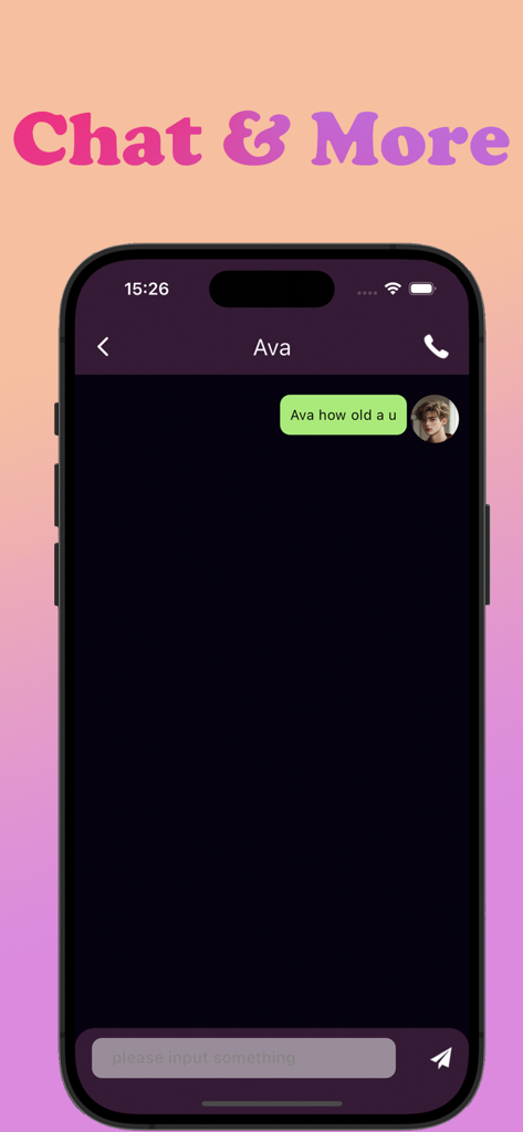 holo-AIGirls - Una pantalla móvil que muestra la interfaz de chat de la aplicación holo-AIGirls con una conversación con un personaje de IA llamado Ava