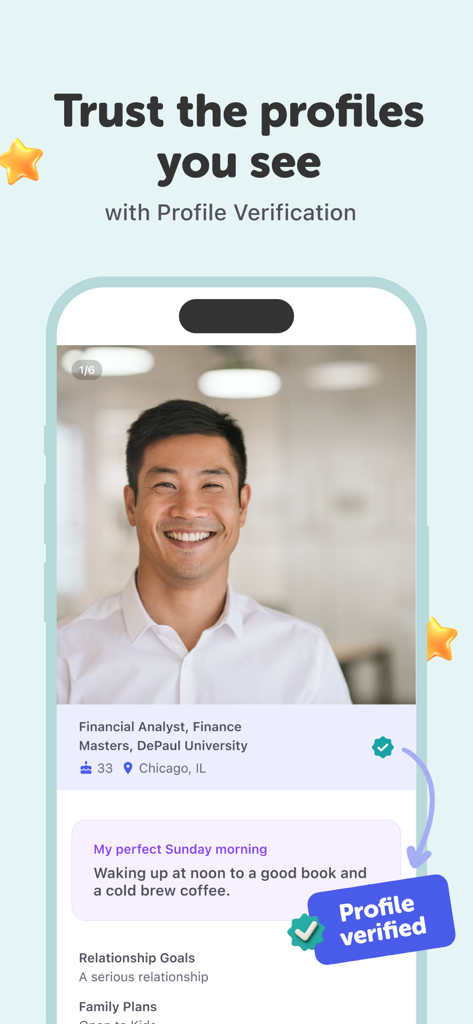 Coffee Meets Bagel app screen showing a verified dating profile of a professional male user in Chicago