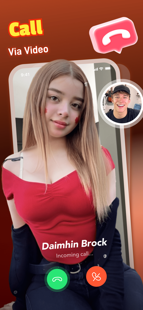 Maobe - Adult Vibe，Chat - Interfaz de la aplicación Maobe mostrando una videollamada entrante uno a uno de un usuario