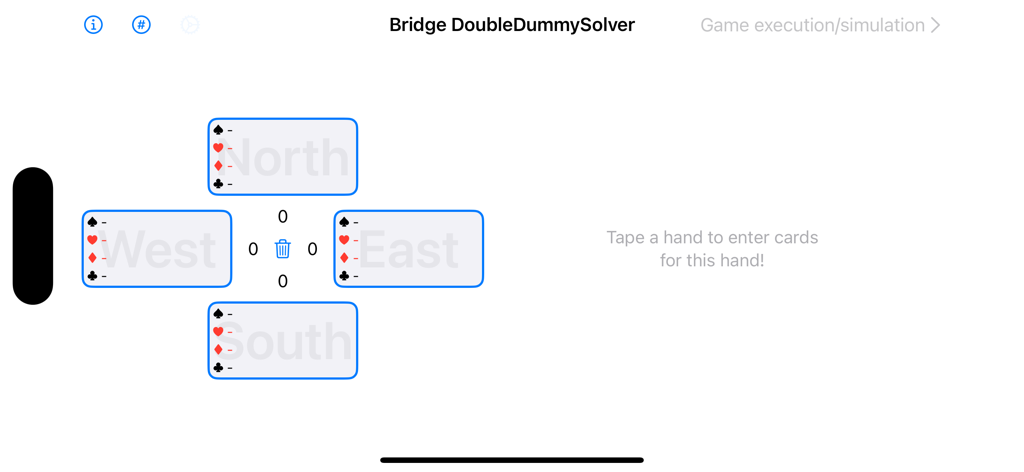Pantalla de entrada de mano de BridgeDDS para entrada manual de cartas y configuración de análisis