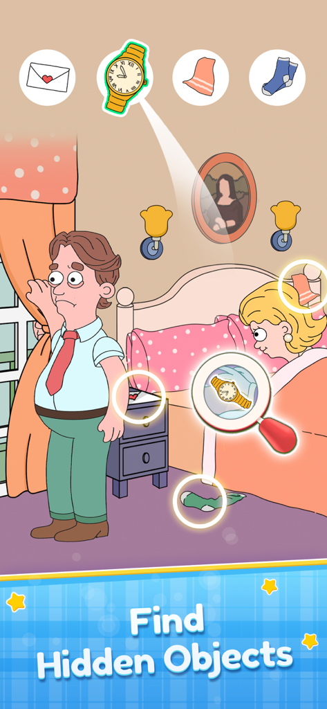 Find the Differences: Spot Fun - 차이점 찾기 게임의 만화 스타일 침실 장면, 시계와 양말 같은 숨겨진 물건을 강조 표시
