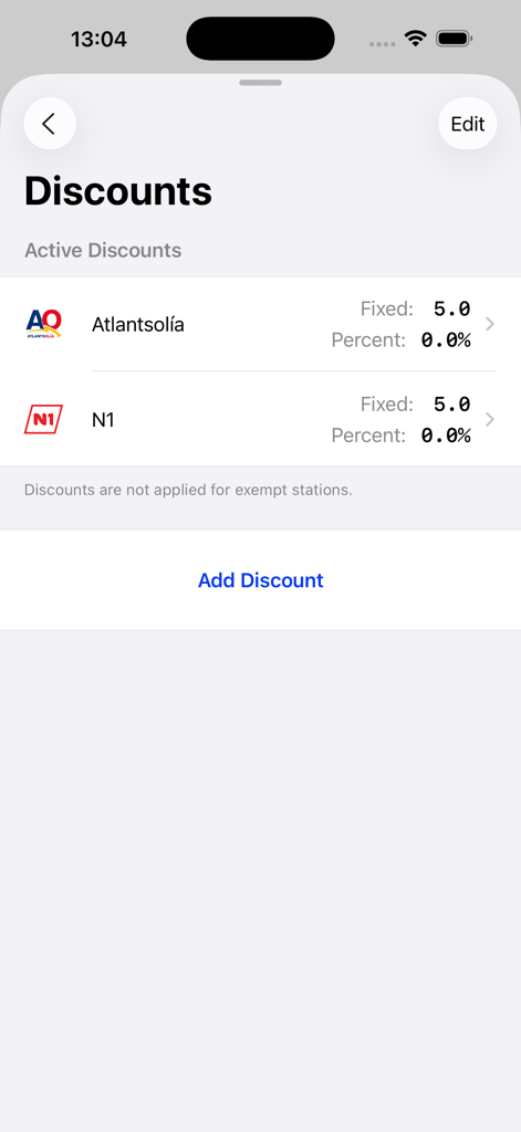 The discounts management screen of the Bensin app showing fuel price reductions for Atlantsolia and N1 gas stations in Iceland