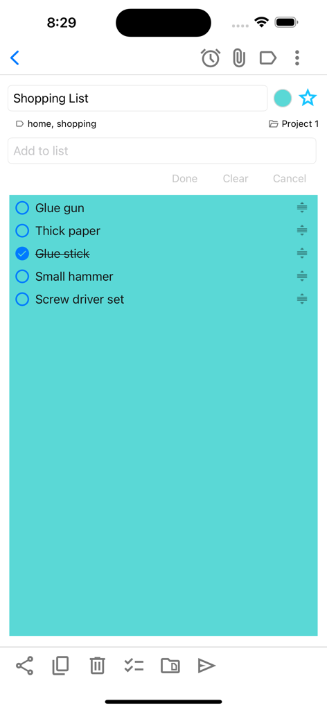 Notezilla - Notes & Reminders - Una nota de lista de verificación de color verde azulado en la aplicación Notezilla que muestra una lista de compras con varios elementos y una tarea completada.