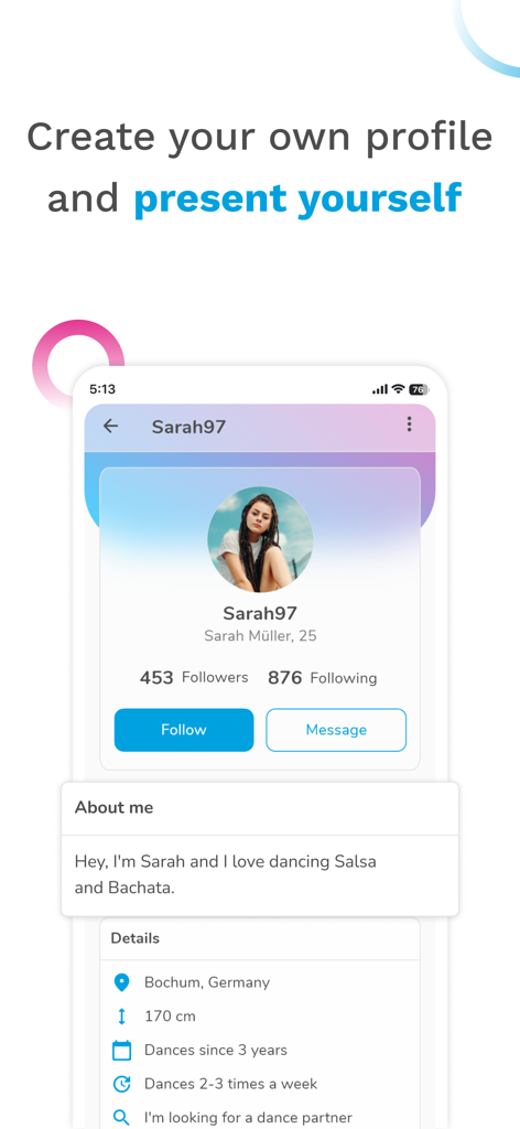 Una schermata mobile di un'app che mostra un profilo di ballerino con sezioni per chi sono io e dettagli di ballo su Danceflavors.