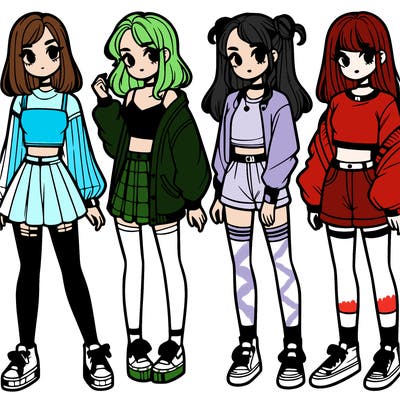 one girl with crop-top shirt and a jacket with a skirt, long socks and another girl with a shirt and pants with a jacket