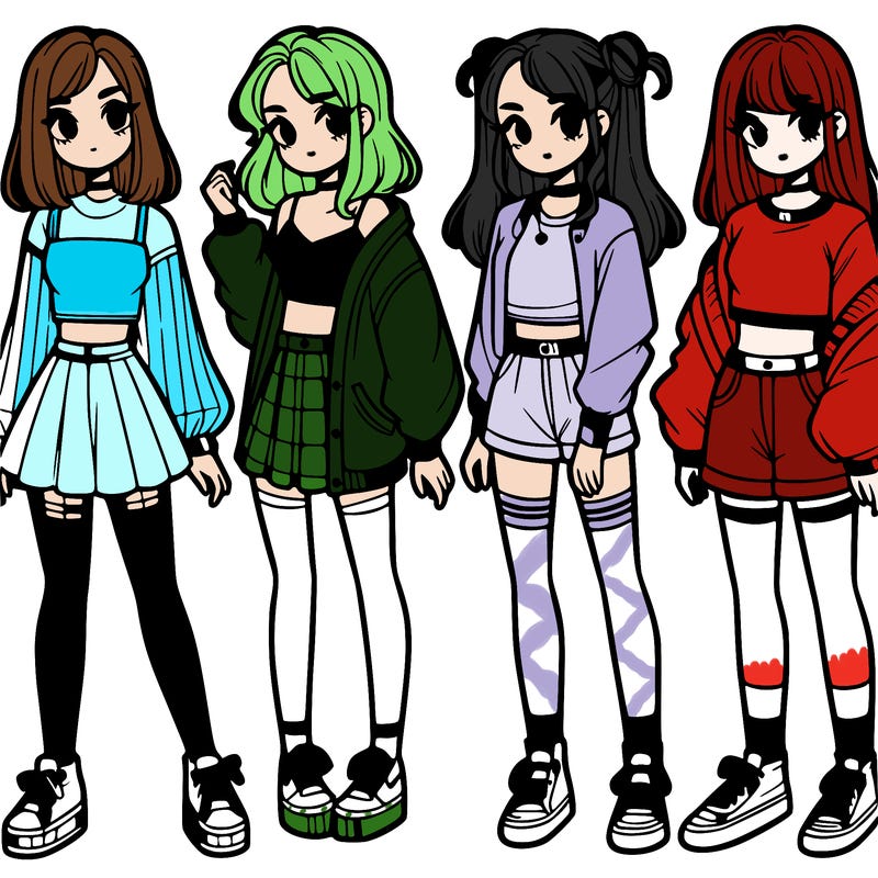 one girl with crop-top shirt and a jacket with a skirt, long socks and another girl with a shirt and pants with a jacket
