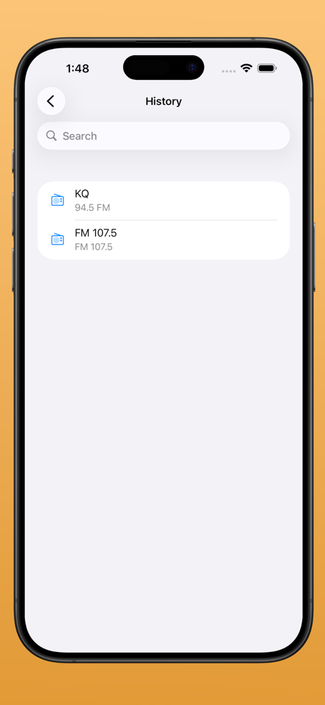 Radio FM & AM Streaming - Pantalla de historial de la aplicación eRadios que muestra una lista de estaciones de radio reproducidas recientemente.