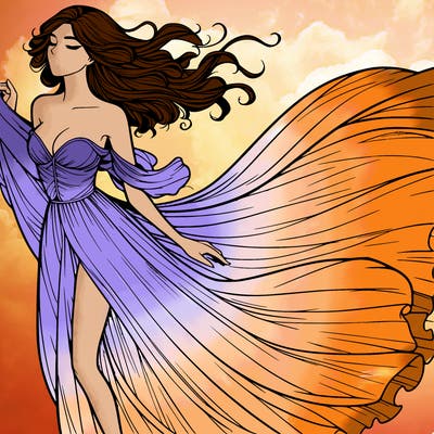 realistic woman in dress flowing the the wind