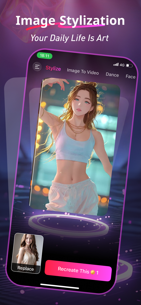 Stymov - Interfaz de la aplicación móvil Stymov mostrando la función de estilización de imágenes IA que transforma un retrato en un estilo de arte anime.