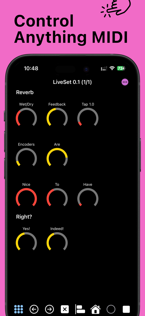 7III Tap: Live MIDI Controller - iPhone screen showing the 7III Tap app interface with virtual MIDI encoders and knobs for controlling music production software