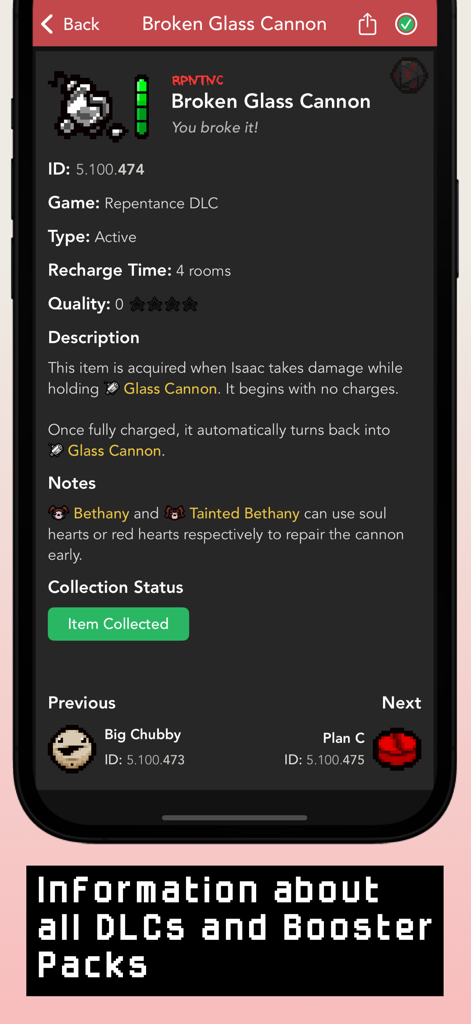 Guide+ for Binding of Isaac - A detailed information screen for the Broken Glass Cannon item in the Guide+ for Binding of Isaac app including stats and DLC details