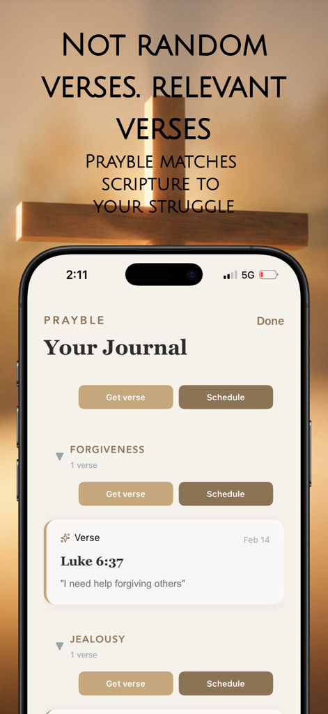 Prayble: Bible Widgets & Verse - The Prayble app matching scripture to specific struggles in a personal journal view.