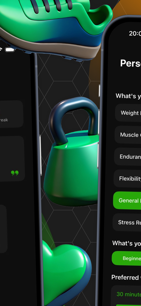AVita Harmony - Tela de personalização no aplicativo AVita Harmony mostrando opções para selecionar metas de condicionamento físico como ganho muscular e alívio do estresse, juntamente com ícones 3D de um tênis e um kettlebell.