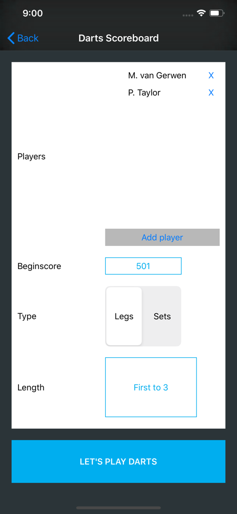 Darts Scoreboard X01 - Match setup screen for Darts Scoreboard X01 with player selection and scoring options