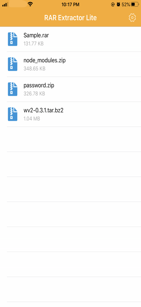 La aplicación RAR Extractor Lite muestra una lista de archivos de archivo zip y rar