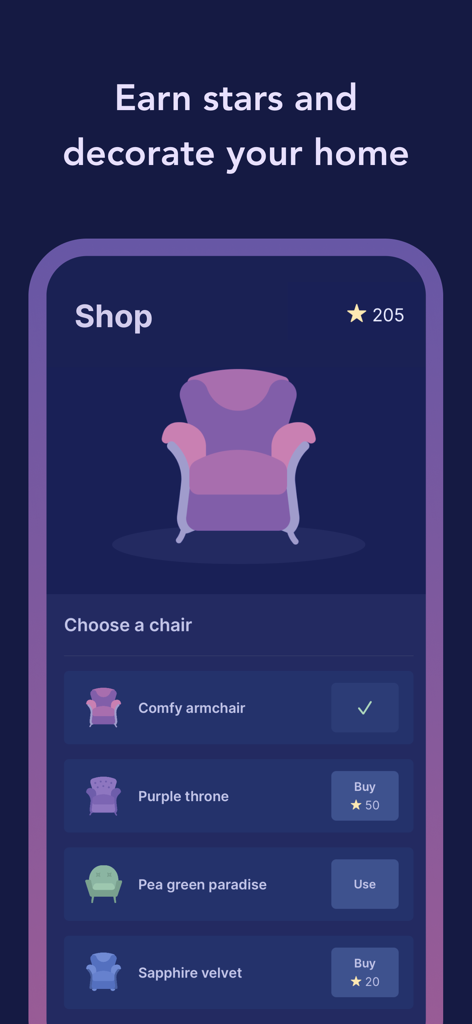 A shop interface in the Cozy Couples app where users can use earned stars to buy and select furniture like armchairs to decorate their virtual home.