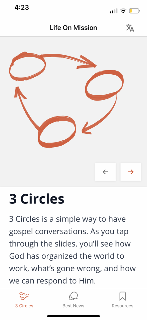 Captura de pantalla del método de evangelización de los 3 Círculos en la aplicación Life on Mission