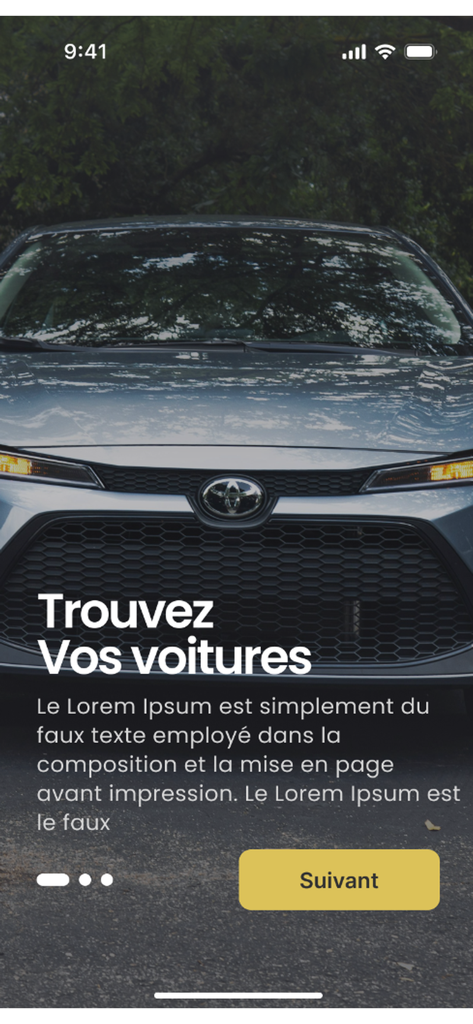 Limo cars - 리모카 모바일 앱 온보딩 화면, 자동차 전면과 차량 찾기 버튼 포함