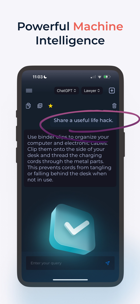 AI Chatbot GPT-5 Assistant - Una captura de pantalla de la interfaz de la aplicación AI Chatbot GPT-5 que muestra una conversación donde la IA proporciona un truco vital sobre cómo organizar cables de computadora usando clips.