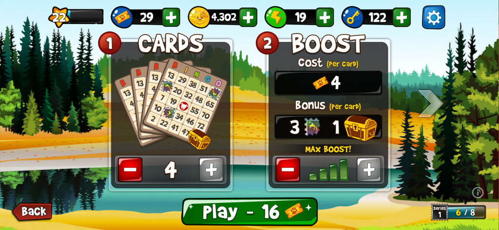 Abradoodle Bingo game setup screen with 4 cards and max boost selected