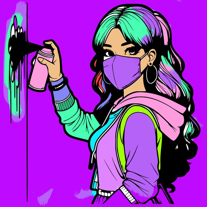 realistic girl with mask spray painting a wall