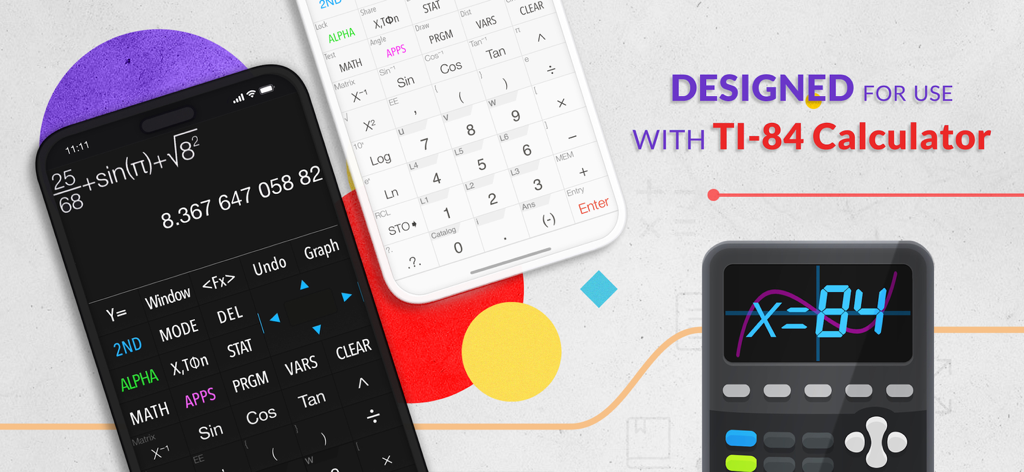 Graphing Calculator X84 app interface designed for TI-84 users with dark and light themes