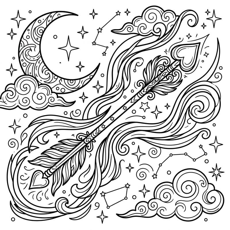 Discover the magic of the night with this captivating Cupid's Arrow coloring page. Immerse yourself in a celestial dreamscape adorned with a beautifully detailed arrow, sparkling stars, and a serene crescent moon.