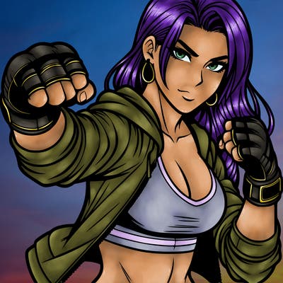 badass woman in fighting stance with fingerless gloves