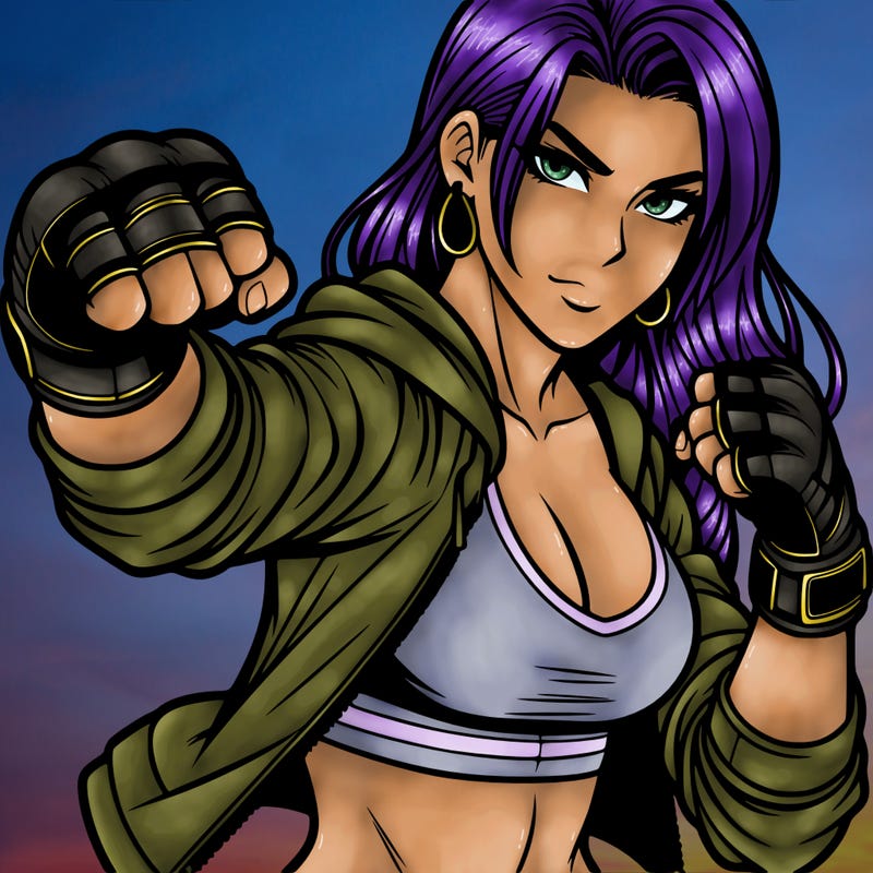 badass woman in fighting stance with fingerless gloves