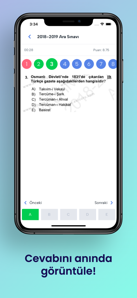 AÖF Soru - A mobile app interface showing a multiple-choice practice exam question for AÖF students.