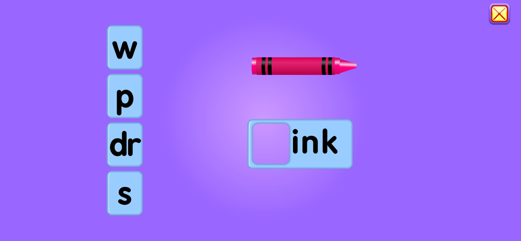 Atividade de construção de palavras de fonética no aplicativo Starfall Aprenda a Ler apresentando um giz de cera rosa.