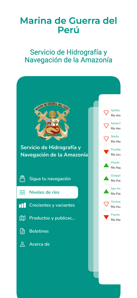 MGP Ríos - Main menu of the MGP Rios app for monitoring Amazonian river levels