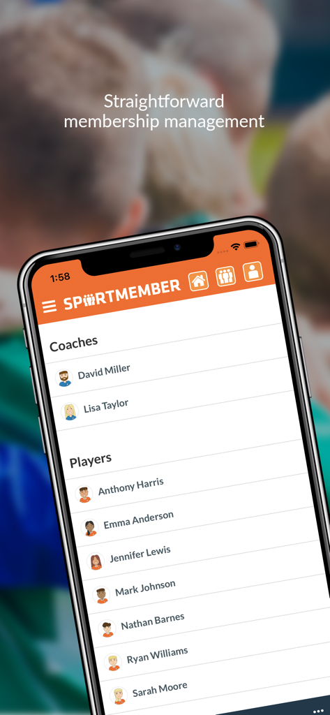 SportMember - Mobile team app - SportMember mobile app screen showing a list of coaches and players for team management