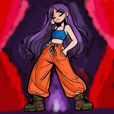 girl in baggy pants crop top and long hair