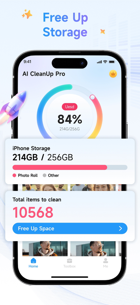 AI CleanUp Pro dashboard displaying iPhone storage status and space cleaning options
