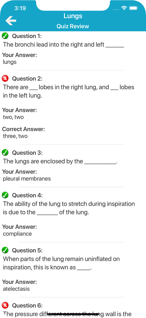 Respiratory System Quizzes - Tela de revisão de questionário médico mostrando perguntas e respostas sobre anatomia pulmonar com indicadores de desempenho.