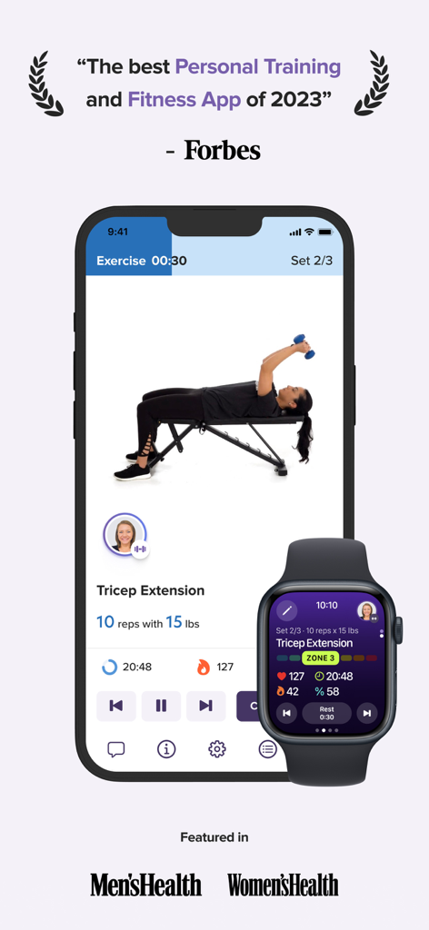 실시간 심박수 및 반복 횟수 추적과 함께 삼두근 운동을 표시하는 iPhone 및 Apple Watch의 trainwell 앱 스크린샷