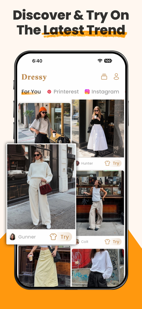 DLOOK: AI Fashion Stylist - Mobile app interface showing outfit trends and virtual try on button
