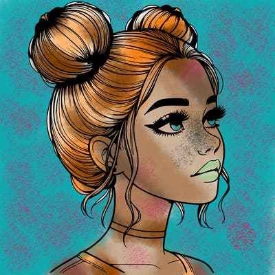 realistic girl with buns on the top of her head