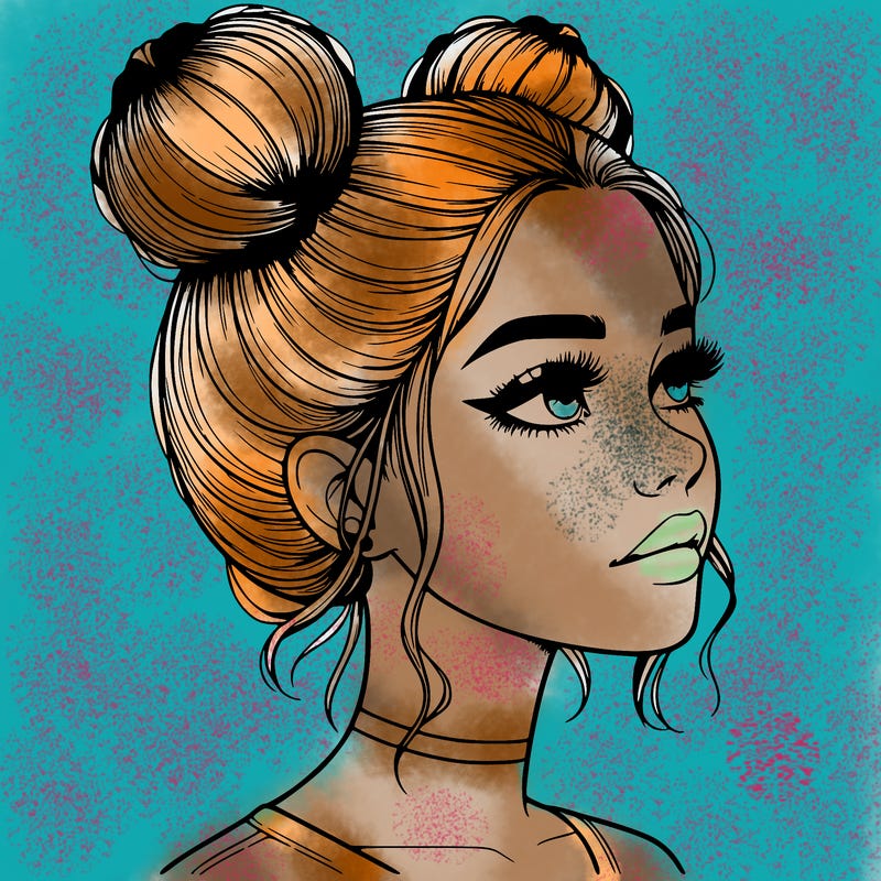 realistic girl with buns on the top of her head