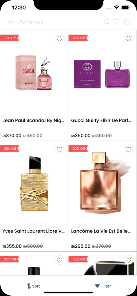 Zeina Beauty - Mobile app interface of Zeina Beauty displaying a collection of luxury perfumes with discount percentages and prices.