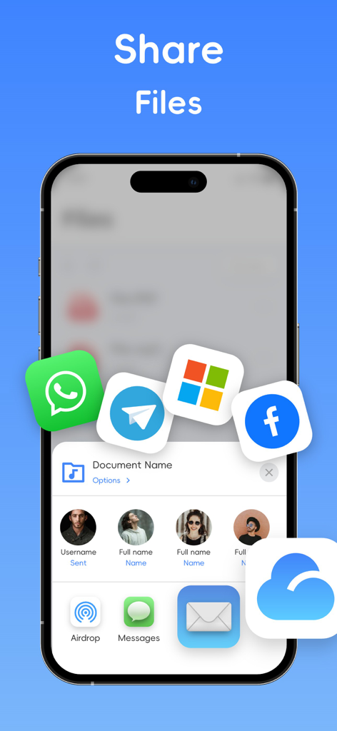 Un'interfaccia mobile che mostra le opzioni di condivisione file su più piattaforme come WhatsApp Telegram e email