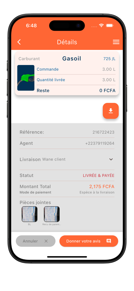 Interface of TheBsolution app showing a completed order summary for diesel fuel delivery including price and quantity