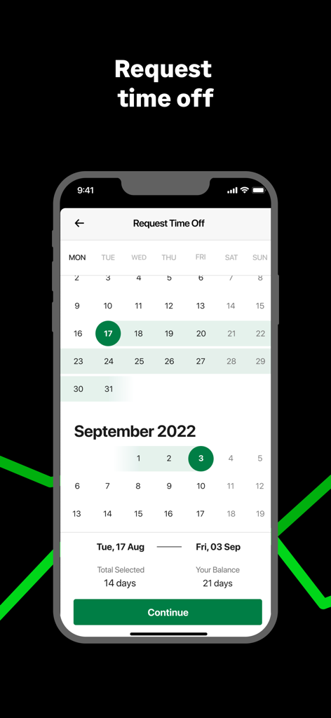 Interfaz de la aplicación Sage HR para solicitar tiempo libre con calendario