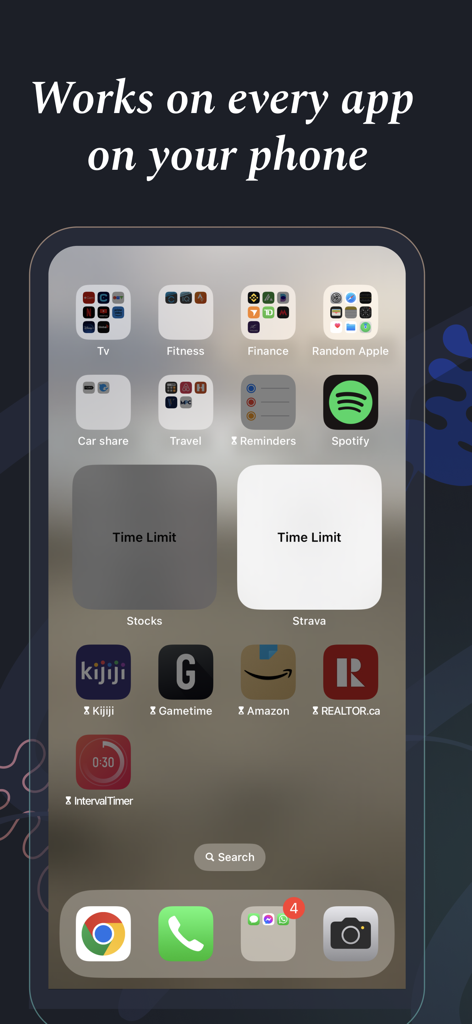Pantalla de inicio de iPhone mostrando bloqueos de aplicaciones y widgets de límite de tiempo en varias aplicaciones sociales y de utilidad