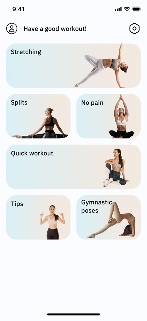 Mobile app dashboard for Stretching and Flex showing workout categories like Splits, No Pain, and Quick Workout