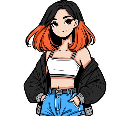 a realistic girl with a crop top and short shorts in an open jacket