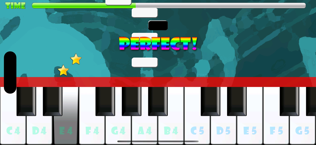 Piano Master - Gameplay de la aplicación Piano Master que muestra un teclado virtual con fichas de notas que caen y un mensaje de logro 'Perfecto'.