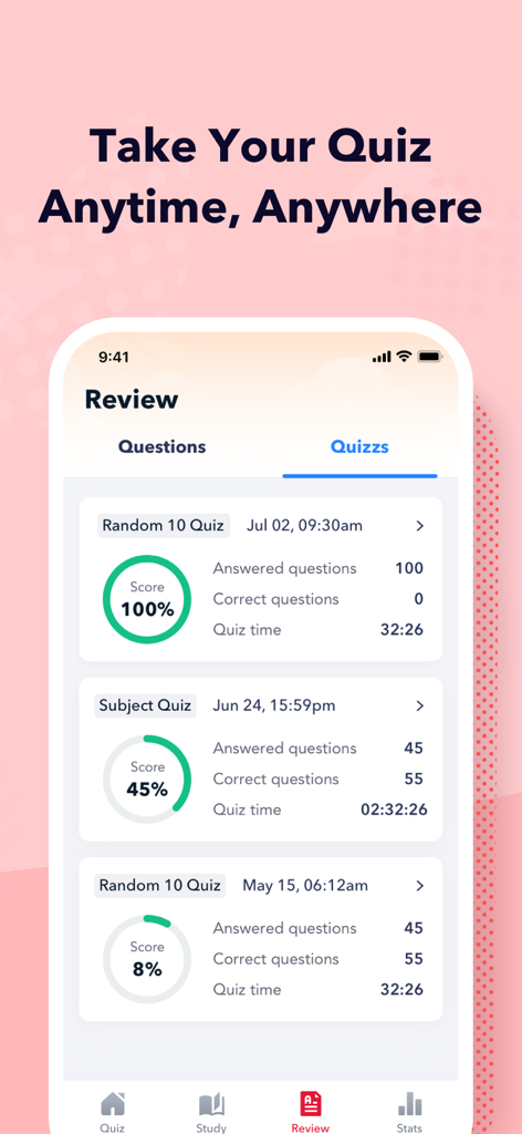 CISA Exam Prep 2026 - CISA Exam Prep 2026 app screen showing a history of practice quiz scores and completion times